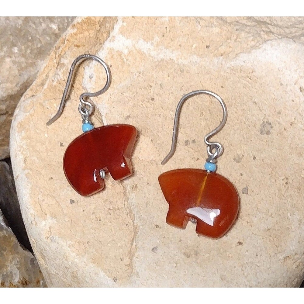 Fetish Bear Carnelian Stone Sterling Silver Dangle Earrings Vintage - Picture 10 of 12